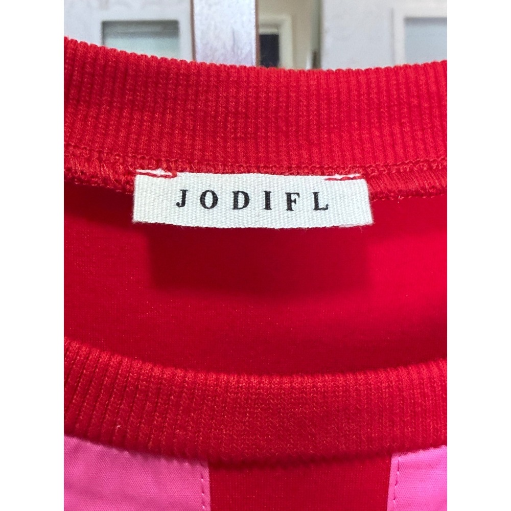 Jodifl Red Pink Striped Scallop Hem Puff Sleeve Shift Dress with Pockets - Picture 2 of 8